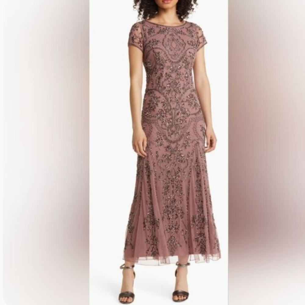Pisarro Nights Embellished Dusty Rose Midi Dress